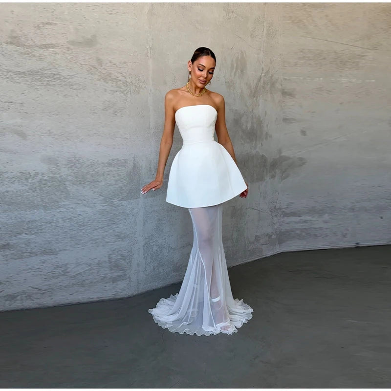 Elegant Lace Long Skirt Set Women Strapless Tube Top Short Dress Floor-Length Mermaid Skirts 2025 Summer Lady Party 2 Pieces Set