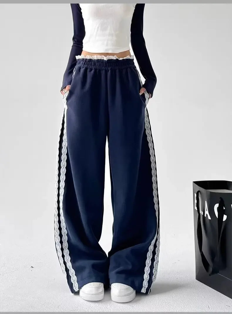 Trendy Casual Wide Leg Pants Women's Autumn Winter High Waist Splicing Lace Trim Drapey Slimming Sporty Trousers