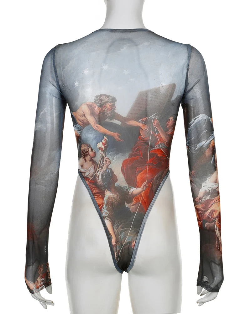 Rockmore  Vintage Printed Mesh Bodysuits Women Lace Bow Square Neck High Waist Wrapping Long Sleeve Bodysuit Halloween Christmas