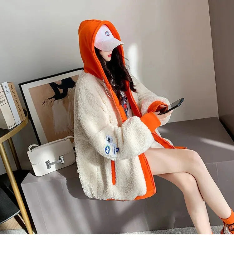 Imitation Lamb Wool Zipper Coat Woman Hoodies Y2k Clothes Sweatshirt Streetwear Korean Fashion Autumn Winter Jacket New Loose