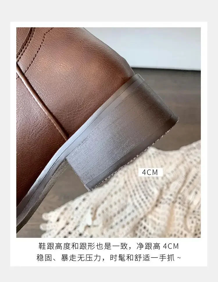 Fall Women Mid-calf Boots 2025 Vintage Leather-covered Brown Western Cowboy Boots Embroidered Chunky Heel Thigh-high Knight Boot