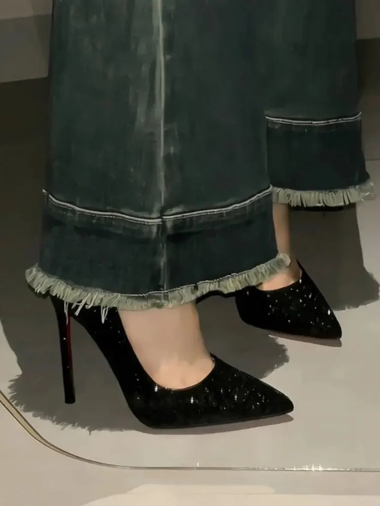 Black Pointed Toe High Heels Full of Diamonds Shiny Sequins Mid Heel Women's Shoes Spring Autumn Season Casual PU Leather