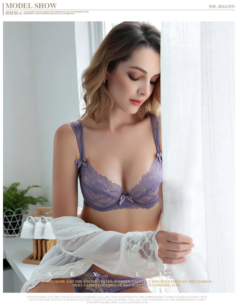 French Sexy Ultra Thin Bra Set Women Red Temptation Underwear Lace Embroidery Breathable Lingerie Romantic Bow Decorative Bras