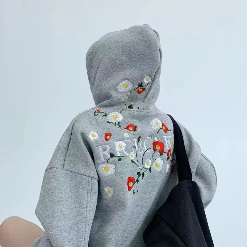 Hikigawa Chic Fashion Floral Embroidery Hoodies Women Coats Autumn Casual Loose All Match Hooded Pullover Outerwear Tops Mujer