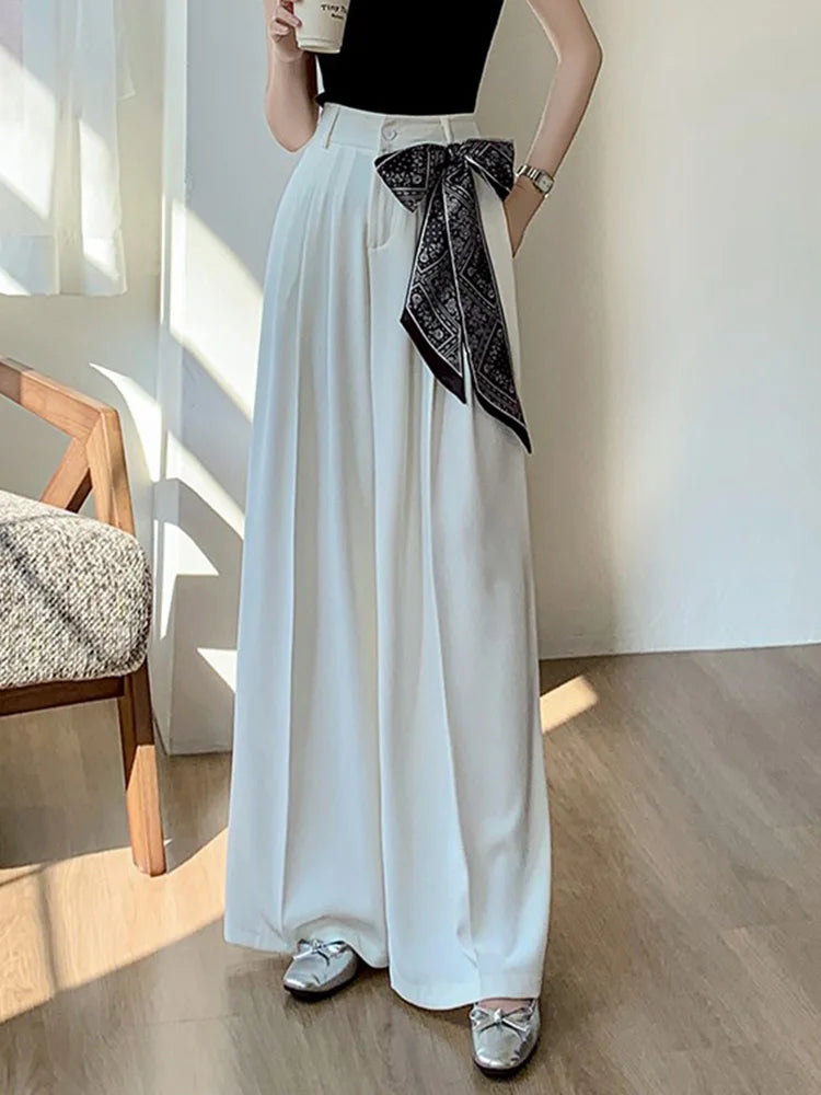 Zoki Chic Lace Up Suit Wide Leg Pant Women Elegant Loose High Waist Bow Trousers Korean Fashion Female Casual Sweet Pants New