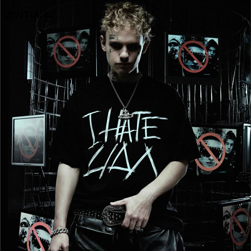 Hip Hop Streetwear Oversized Men Clothing Short Sleeve I Hate Lida Graphic Print Y2k Tops Tee Harajuku Goth Korean Tshirt Cotton