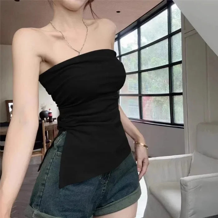 Sexy Open-Back Strapless Sleeveless T-Shirt Women's Spring Autumn Slimming Grey Top Cropped Outer Wear Base Wrap Chest