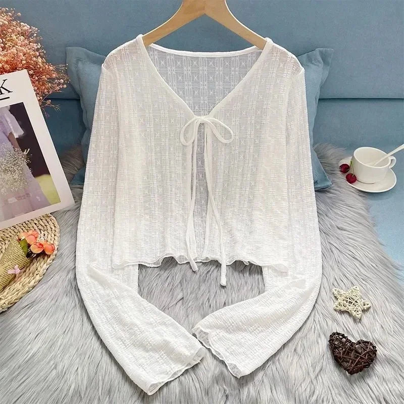 Women's Knitted Summer Top Thin Short Sleeve Bow Design Korean Cardigan Fashion Casual Solid Color Sun Protection Y2k Blouse