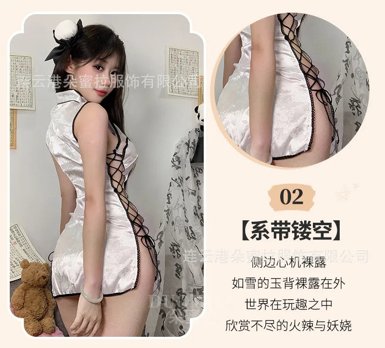 Sexy Cheongsam Mini Dress Mesh Lace Sheer Charming Underwear Uniform Transparent Slim Side Straps Dress Elegant Tops HE1O