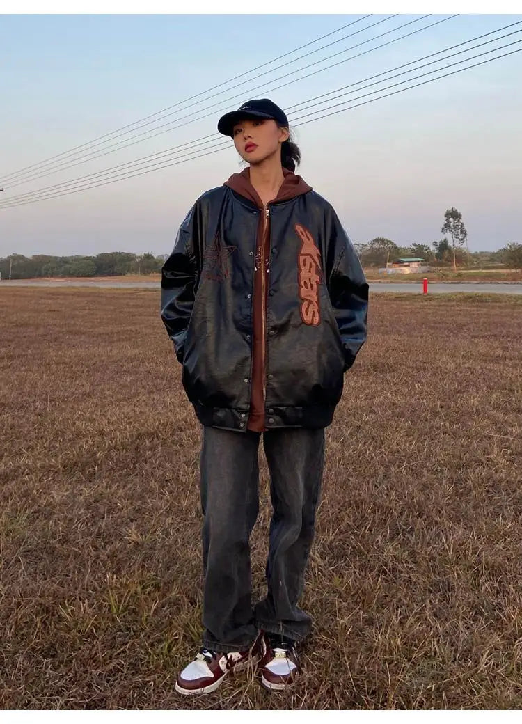 American retro letter embroidery leather Jacket Coat women's Y2K street hip-hop trend baseball suit couple casual leather jacket