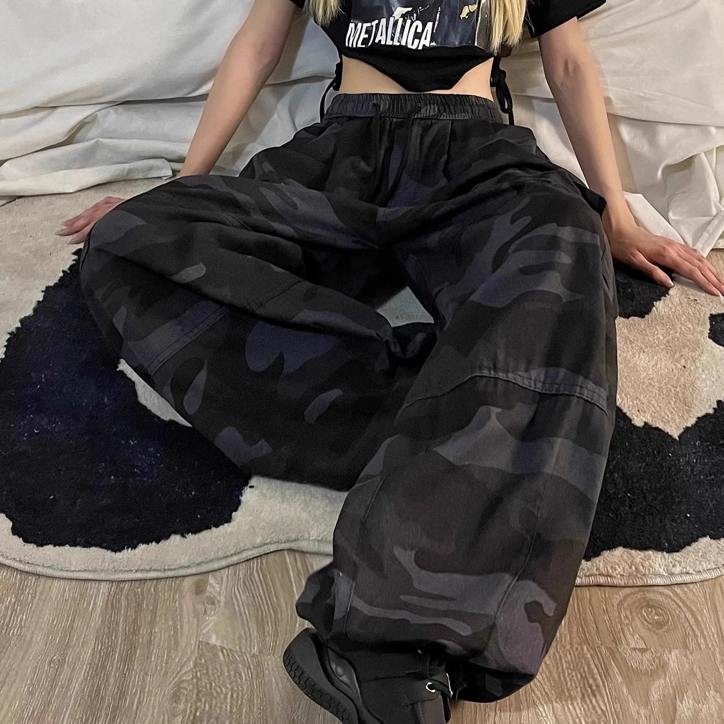 American High Street Camouflage Work Pants Women's Dstring Hip Hop Large Size Loose Straight Leg Wide Leg Trousers
