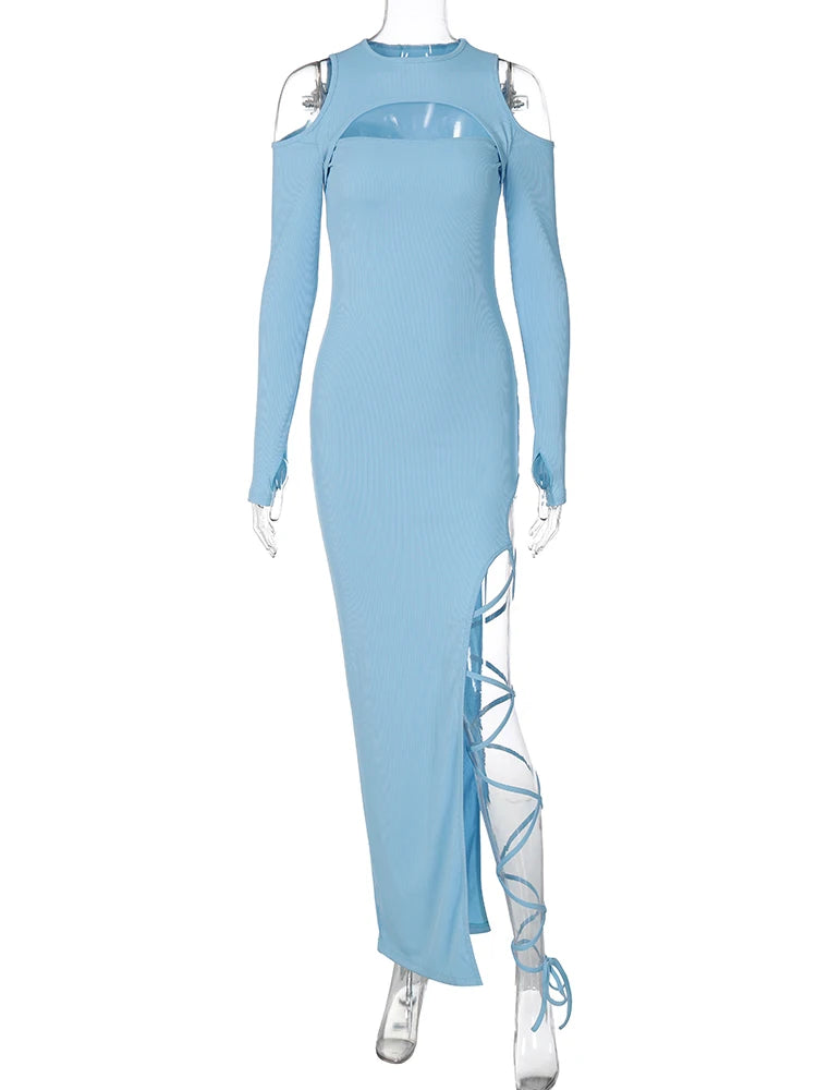 Hugcitar Long Sleeve Solid Hollow Out Slit Lace Up Elegant Sexy Bodycon Maxi Prom Dress 2023 Fall Women Birthday Party Outfit "