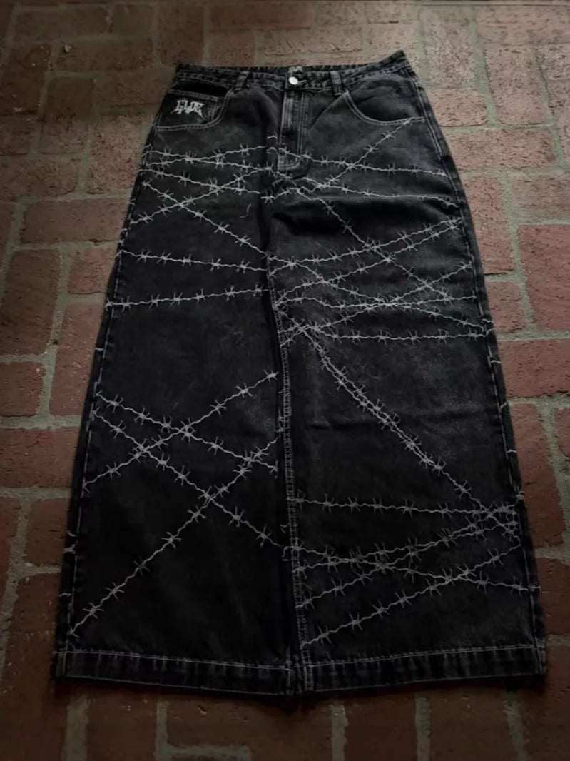 Jeans y2k high street hip hop loose wide-leg casual pants men's pants jeans street wear printed gothic style trousers hot sale