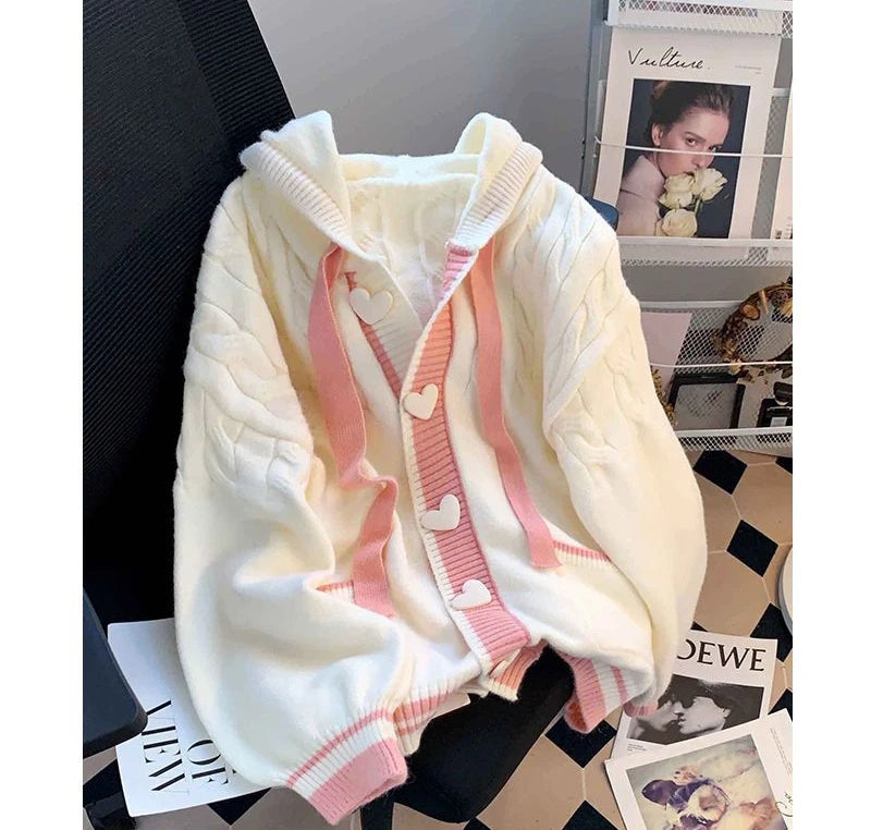 Jmprs Cute Sweet Cardigan Sweaters Women Lazy Wind White Knitted Coats Long Sleeve Loose Female Japan Kawaii Elegant Hooded Tops
