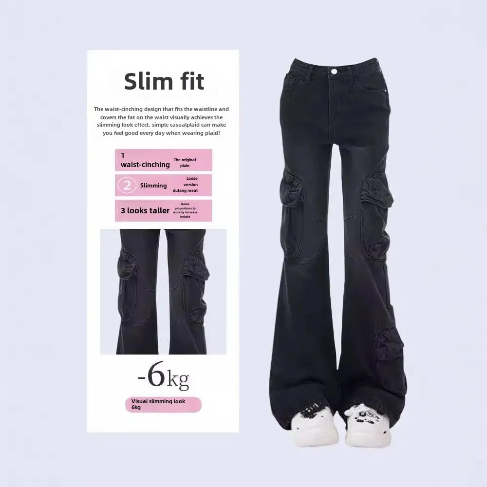 American Style Vintage Black Grey Micro Flared High Waisted Slimming Jeans For Women Trendy Niche Fashion Black Bell Bottom Trou