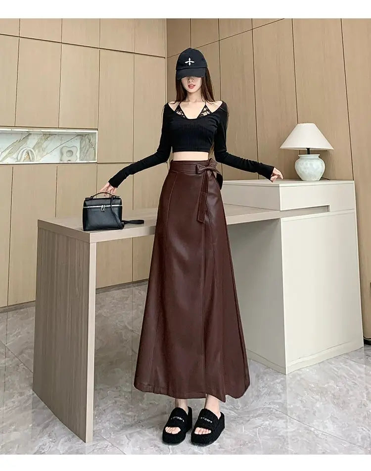 Women Clothing Autumn Winter Vintage Elegant Lace-up PU Leather Long Skirts Female Red High Waist Slim A-line Maxi Skirt Faldas