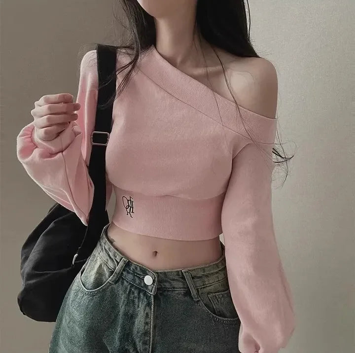 Women's Autumn Off-the-shoulder Sweatshirt Cropped Top Embroidery Loose-fit Windy Sweet Girl Hoodies Thin Material