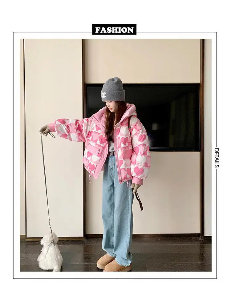 Duck Down Coat for Women, Loose and Thicken Hooded Parkas, Printed Outerwear, Female Bread Jackets, Winter Clothing, New, 2024