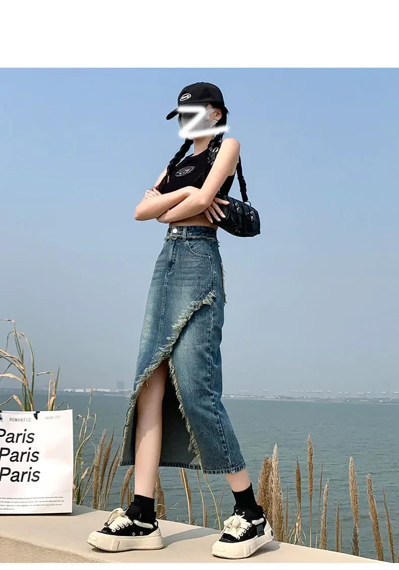 Fashionable Denim Skirt For Women High-waisted A- line Hip Covering Long Dress Casual Style Perfect For Summer 2024