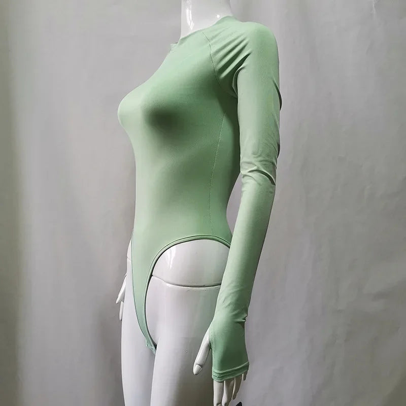 Women High Waist Jumpsuit Sexy Long Sleeve Bodysuit Club Top Goth Clothing Mock Neck Solid Costume Streetwear Party Body Outfit