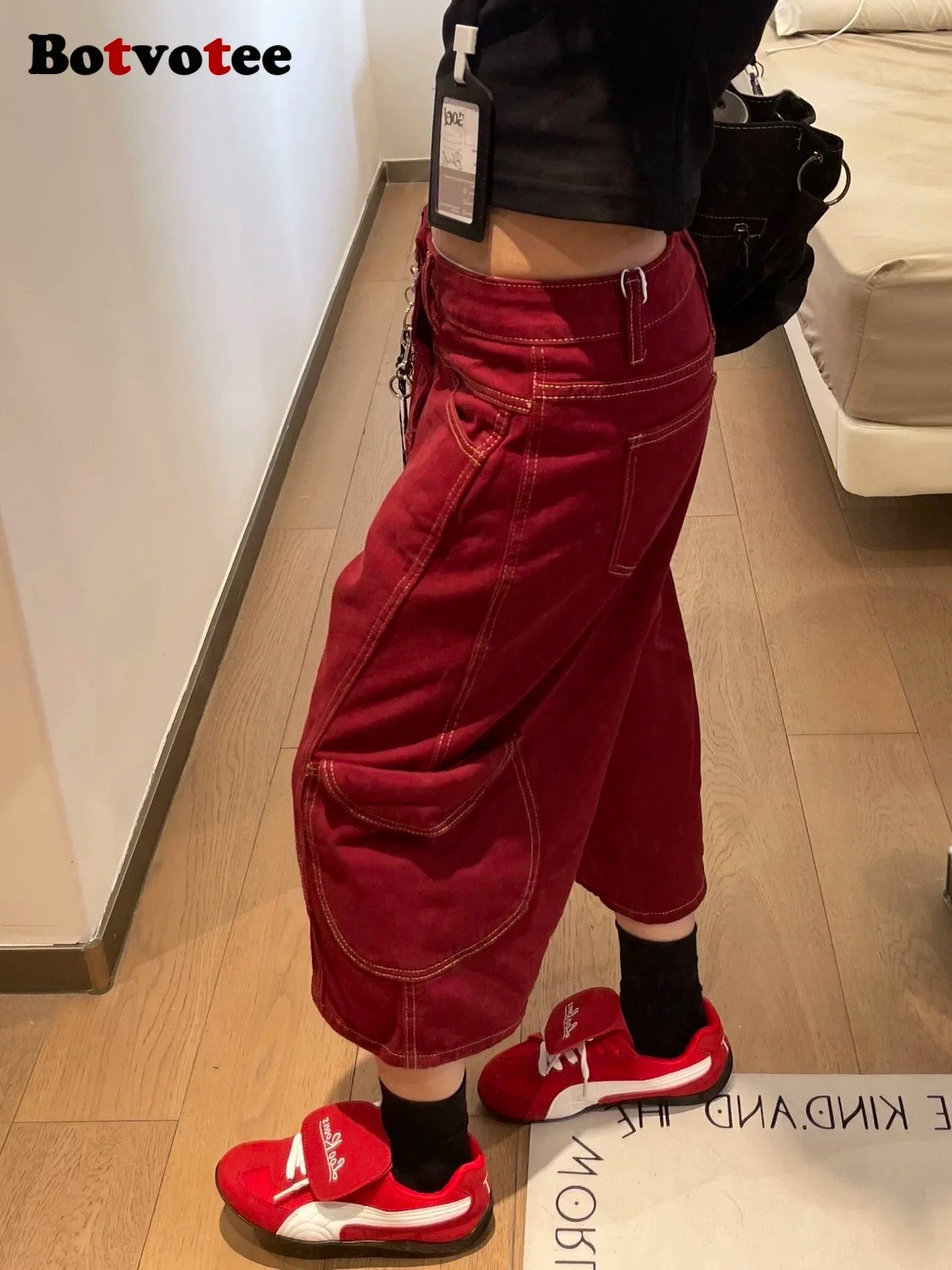 Botvotee Burgundy Calf Jeans for Women High Waisted Wide Leg Baggy Cargo Denim Shorts 2000s Y2k Vintage Streetwear Short Jeans