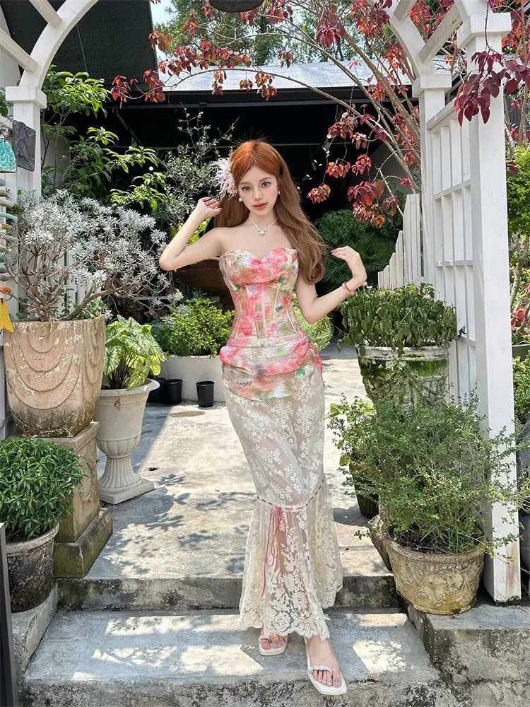 Summer Women Two Piece Set Floral Corset Top and Lace Midi Skirt Elegant Mesh Outfit Slim Fit Vintage French Style Beach Suit