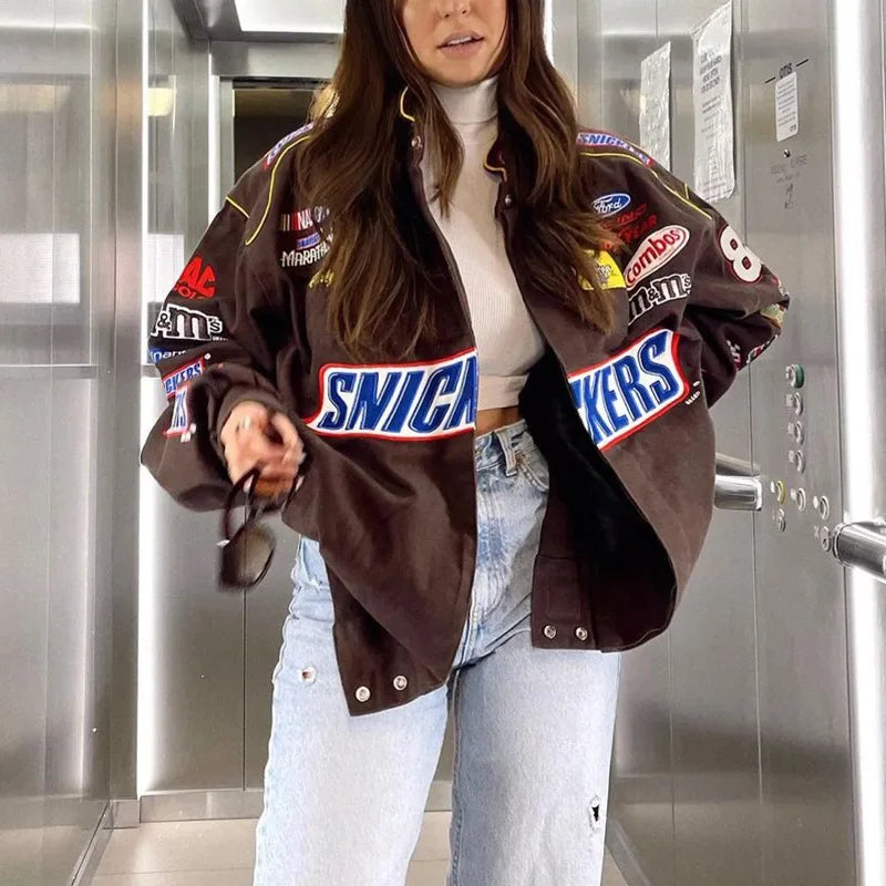 Loose Long Sleeve Motorcycle Style Jacket Autumn Winter New Arrival Casual Patchwork Color Print Women's Outerwear Coat