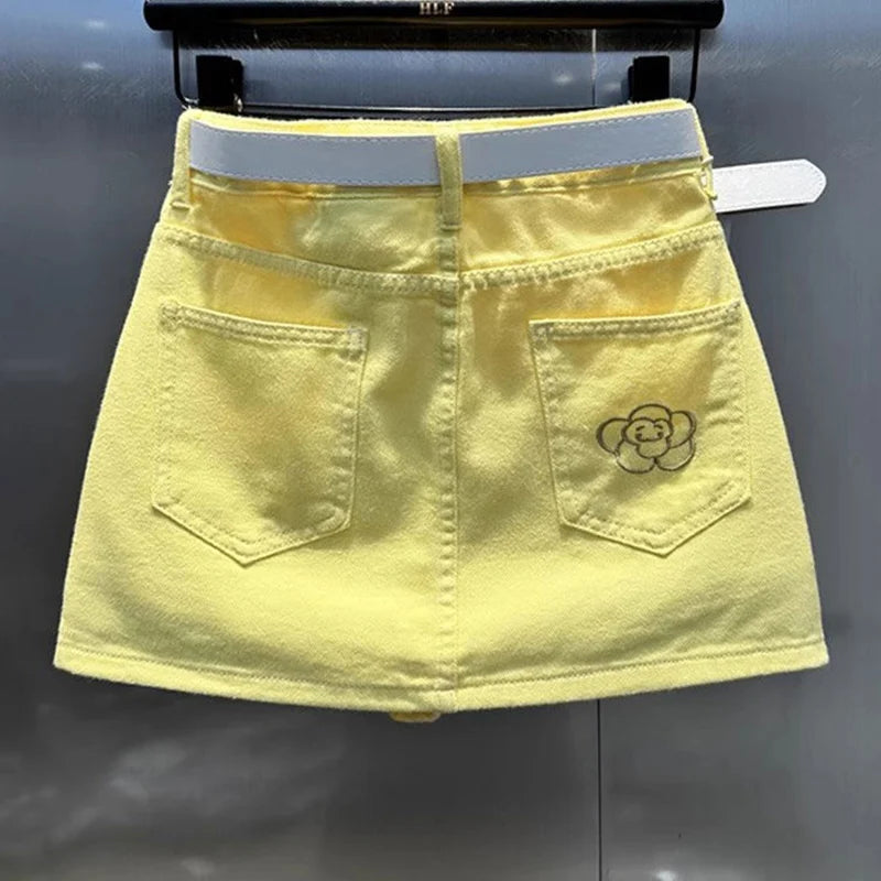 Female Korean All-match Denim Short Skirt 2025 Summer New Trend Sexy Embroidered Solid Color High Waist Printing A-line Skirt