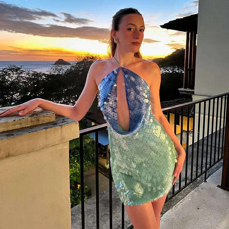 Sequins Halter Hollow Out Dress Women's Sexy Backless Sleeveless Contrast Color  Mini Dresses 2025 Summer New Lady Beach Robes