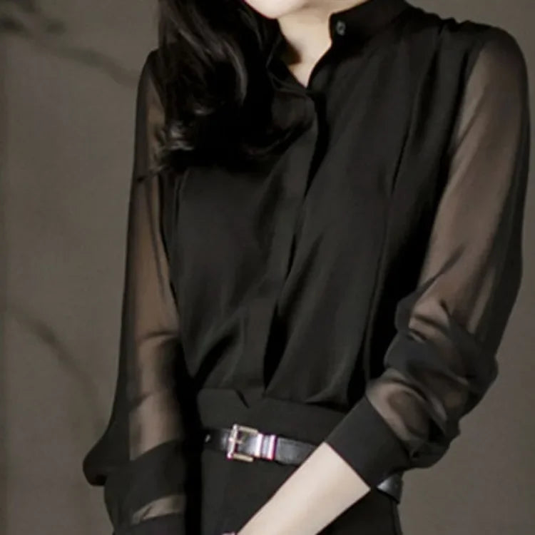 Women's Long Sleeve Sexy Chiffon Blouse 2024 Spring Summer New Korean Style Slimming Black Stand Collar Shirt