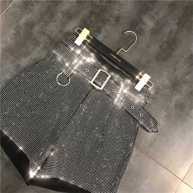 Women Black Rhinestone Belt Shorts New Arrivals High Waist Fashion Temperament summer Autumn Female Streetwear Short Ropa Mujer