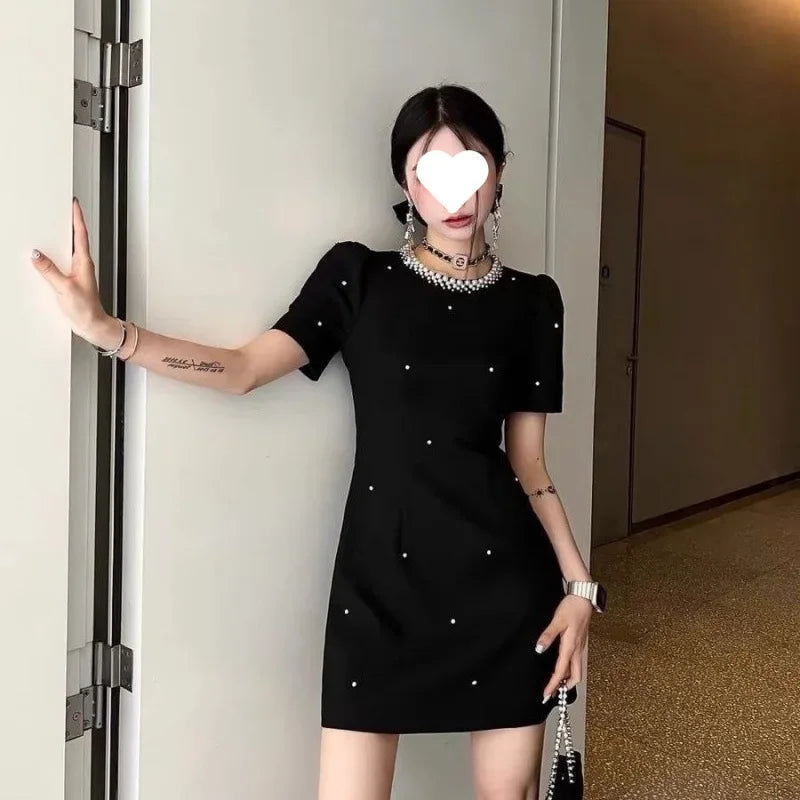 Sweet Elegant round Neck Waist-Cinched Mini Skirt Dress Hepburn Style Beaded New Summer Collection Fashionable Chinese Brand
