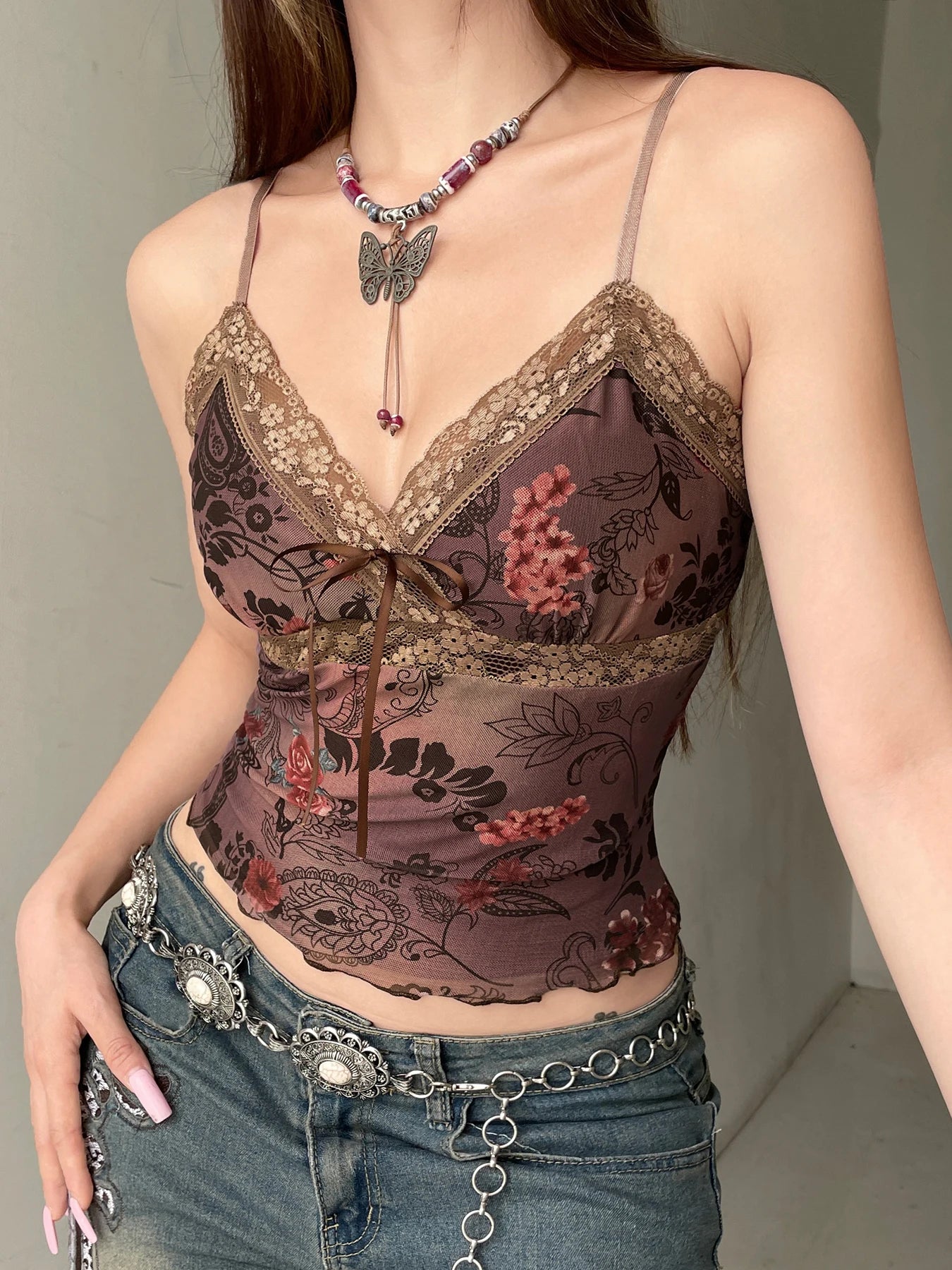 Rockmore Vintage Tulle Patchwork Floral Print Camis Women Mesh Lace Cross V Neck Crop Top Y2K Aesthetic Female Backless Corset