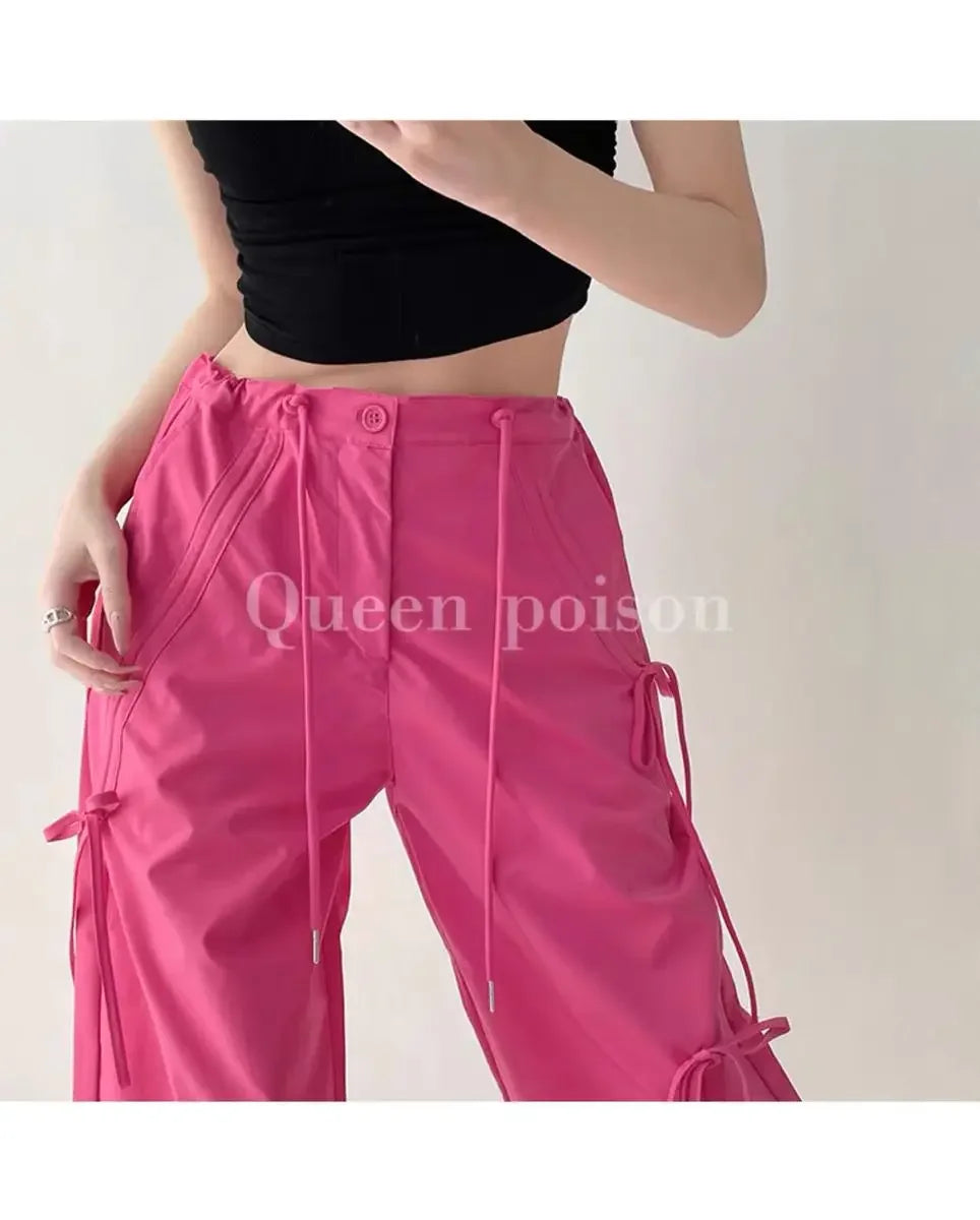 American Style Women's Summer Cargo Pants With Bowmint Green Drawstring Casual Bell Bottoms New 2024 Fashion Trend Long Pants