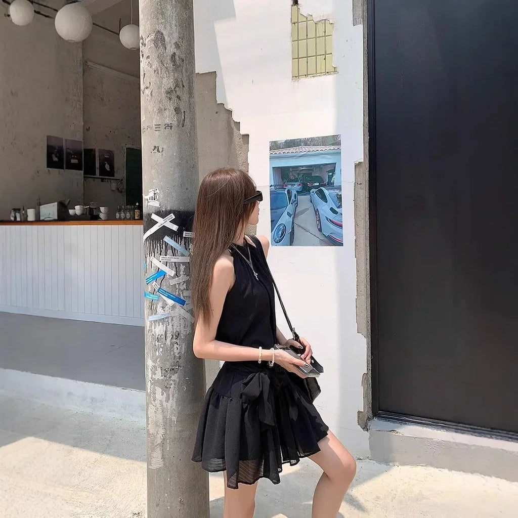 French Style Off-Shoulder Blue Summer Dress Women's Fashion Knot Waist A- Line Mini Skirt Black Short Skirt Sleeveless Gown
