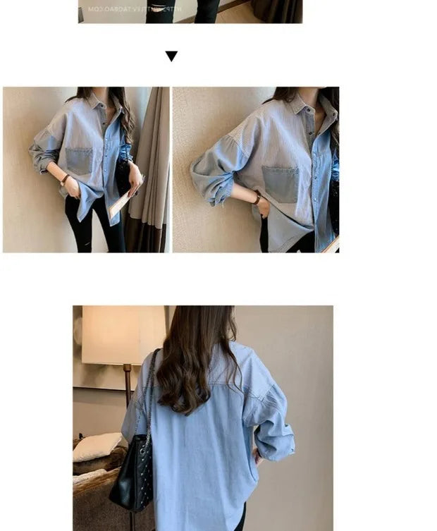 Womens' Splicing Striped Shirt Fashion Spring Autumn Versatile Thin Outerwears Korean Fashion Loose Blue Denim Jackets
