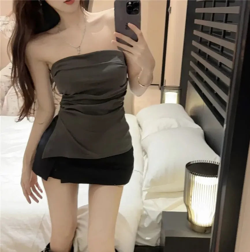 Sexy Open-Back Strapless Sleeveless T-Shirt Women's Spring Autumn Slimming Grey Top Cropped Outer Wear Base Wrap Chest