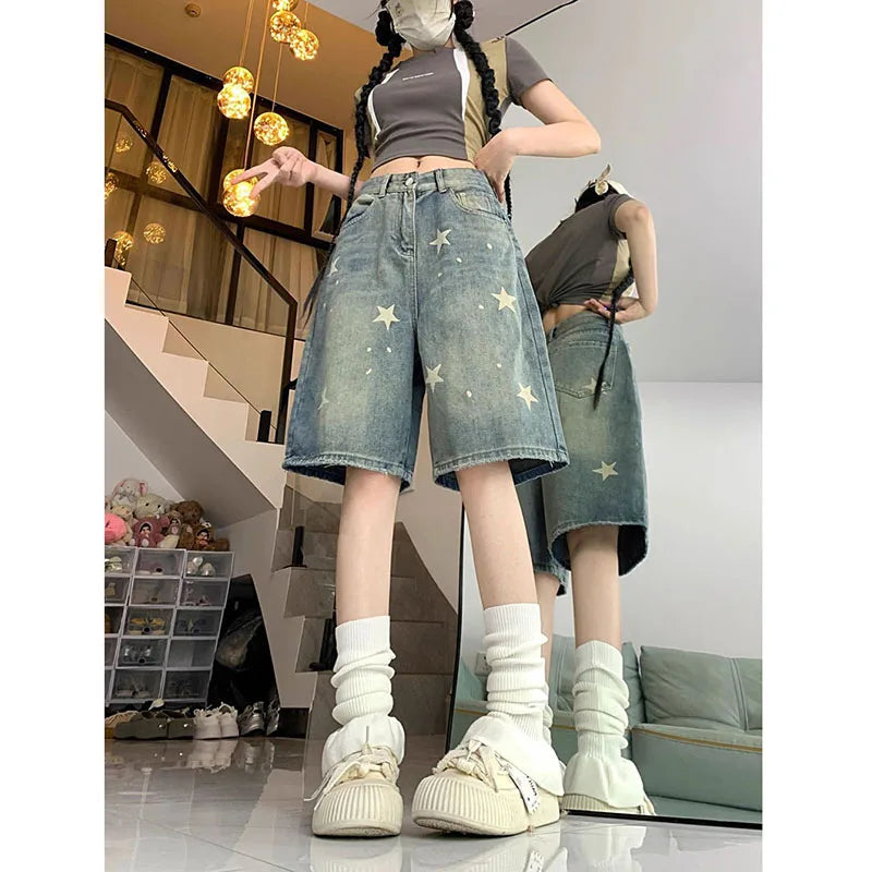 American Style Vintage Women's Short Jeans High Waisted Washed Wide Leg Denim Pants Woman Fashion Do Old Star Knee Length Shorts