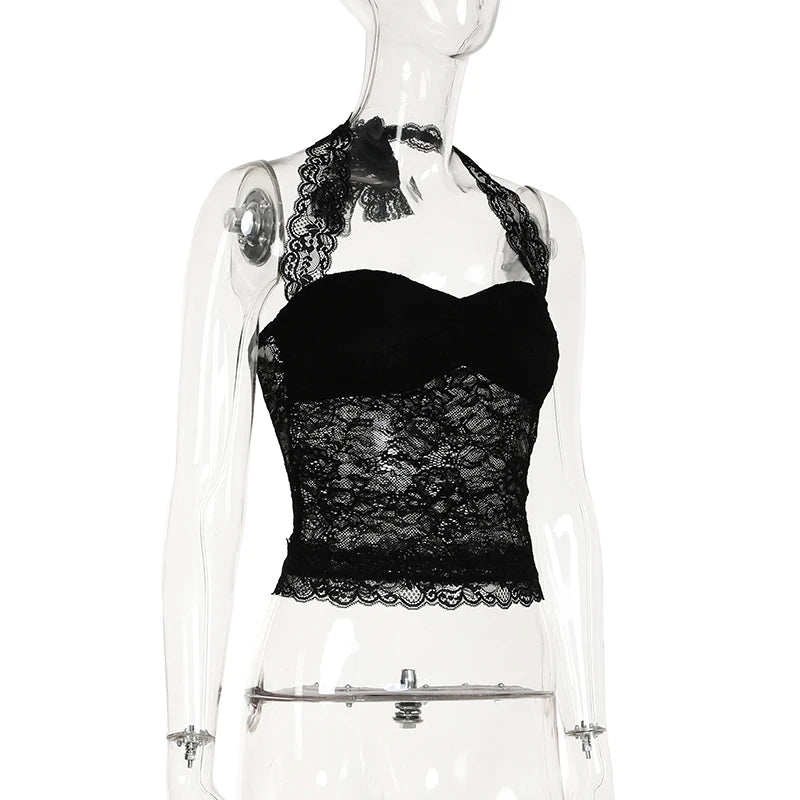 Cuteandpsycho Sexy Lace Patchwork Y2K Camisoles Backless Transparent Slim Outfits Party 90s Vintage Clubwear Halter Neck Tops