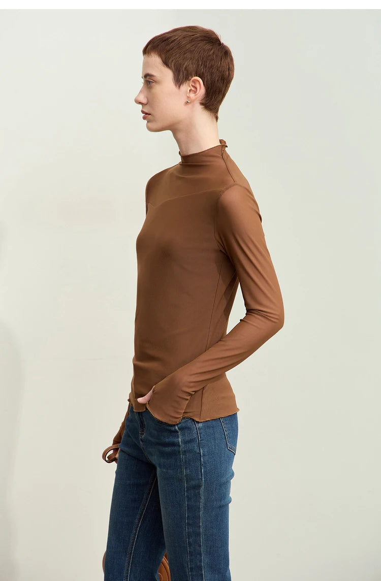 Amii Minimalism Mesh T-shirts For Women 2025 Spring New Office Lady Half-high Neck Micro Perspective Slim Retro Shirt 12423055