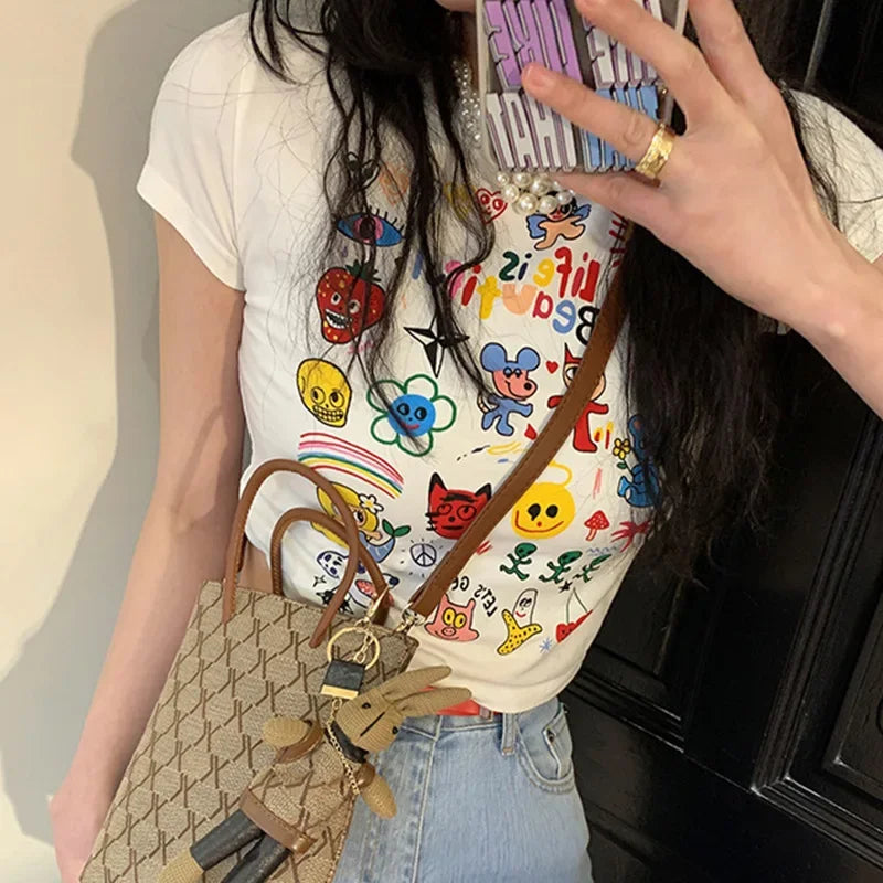 American Cartoon T-shirt Women Summer Fun Printed Slim Fit Chili Girl Top Shorts Casual Trendy Exposing Belly