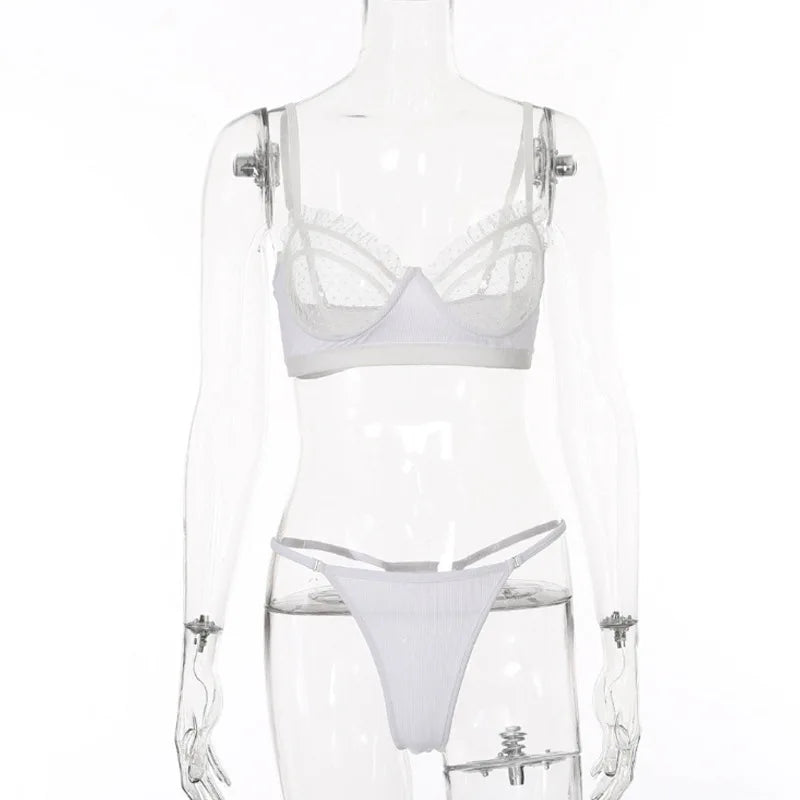 Ruffle Mesh Lace Lingerie 2 Piece Women Underwear Set Transparent Bras Panty Brief Sets White Sexy Lingerie Seamless Bra Set