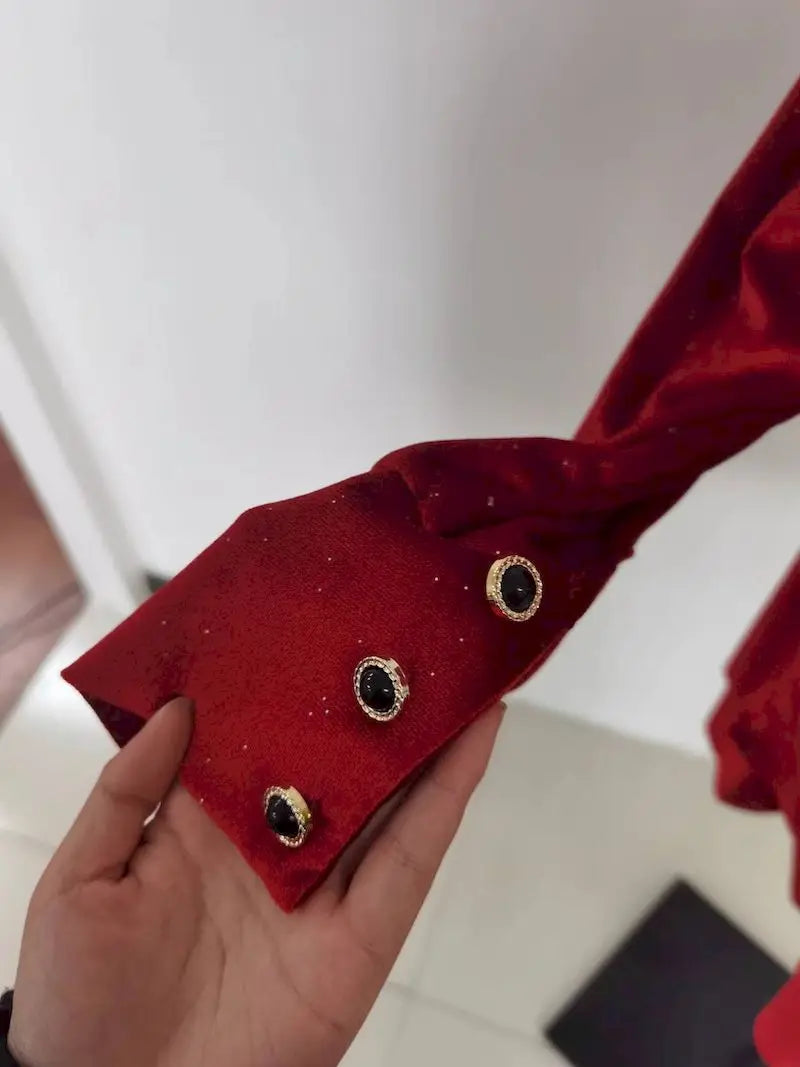 Women's Slim Fit A-line Velvet Dress, Christmas Clothes, Square Collar, Long-sleeved, Red, Sweet, Hot Girl, Autumn Winter