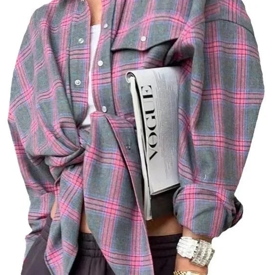Retro Style Women's Loose Shirt Spring Autumn Plaid Fashion Versatile Casual Button up Cotton Polyester Blend Chinese Origin
