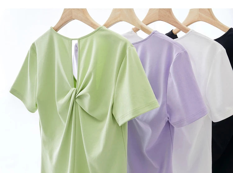 AMII Minimalism 100% Cotton Hollow Out Solid Short Sleeves Tees 2025 Spring New V Neck Top Women Casual Female T Shirt 12342289