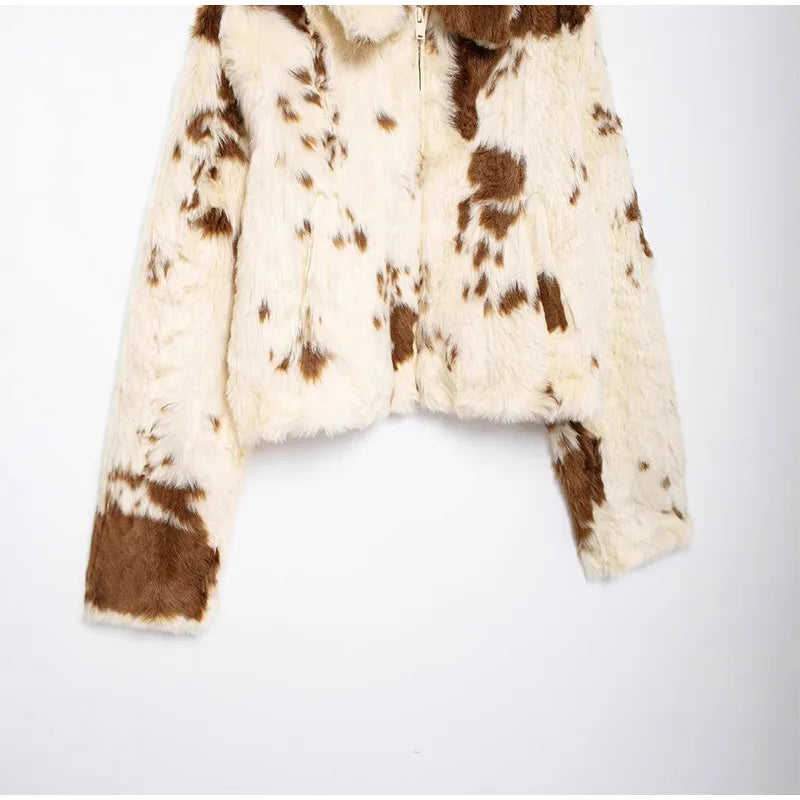 Faux Fur Contrast Women Coat 2025 Lapel Zipper Long Sleeve Female Coats Vintage Autumn Winter Pocket Thicken Warm Lady Outwear