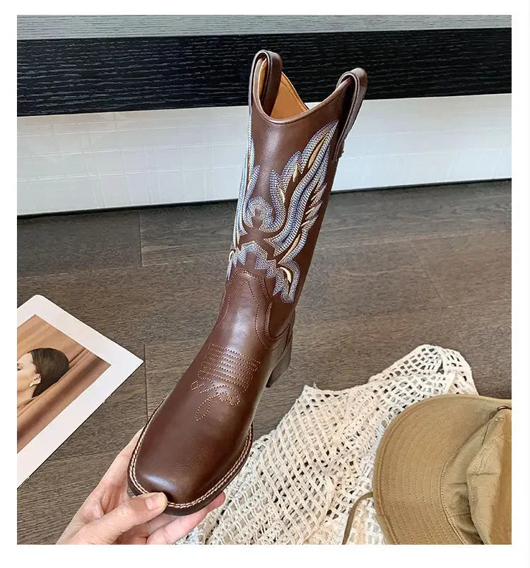 Fall Women Mid-calf Boots 2025 Vintage Leather-covered Brown Western Cowboy Boots Embroidered Chunky Heel Thigh-high Knight Boot
