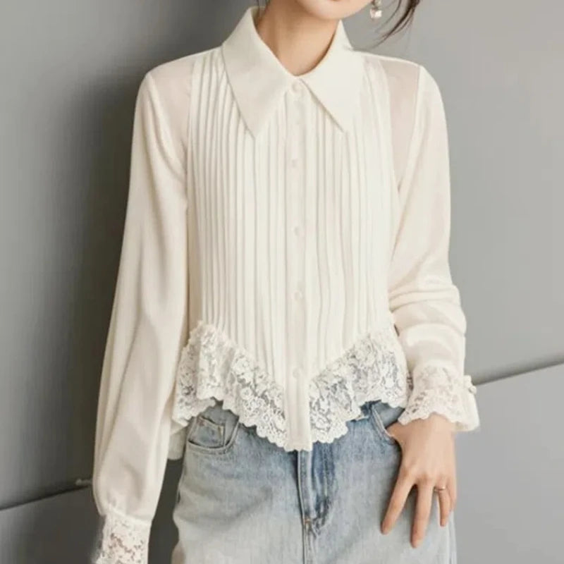 Spring Autumn New Solid Color Turn-down Collar Long Sleeve Fashion Shirt Women High Street Casual Button Patchwork Lace Cardigan