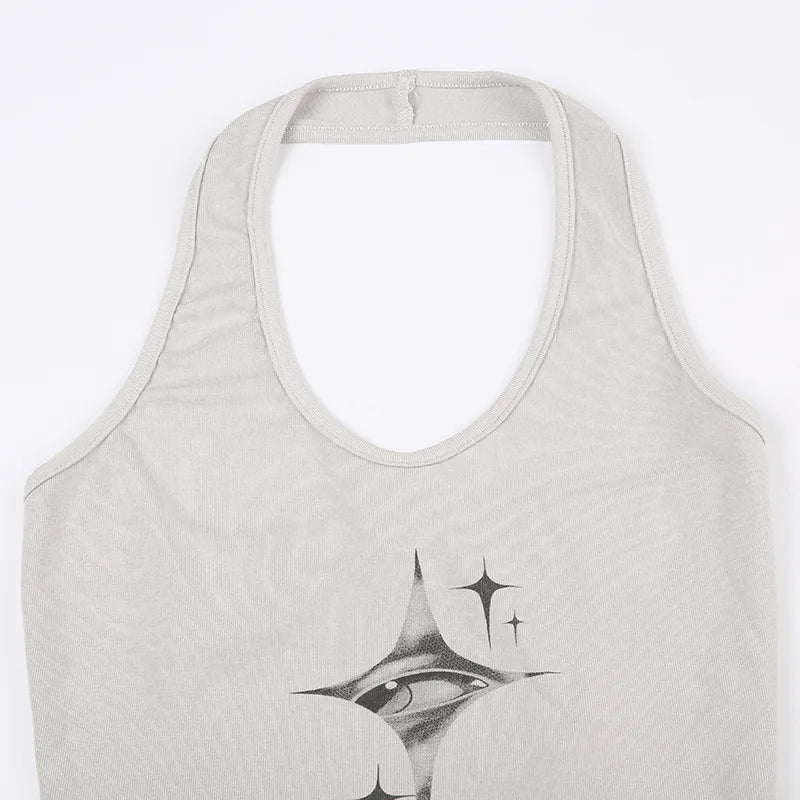 Top Women Y2k Devil's Eyes Retro Print Hanging Neck Suspender Vest Women's Summer Korean Fashion Slim And Slimming Short Top