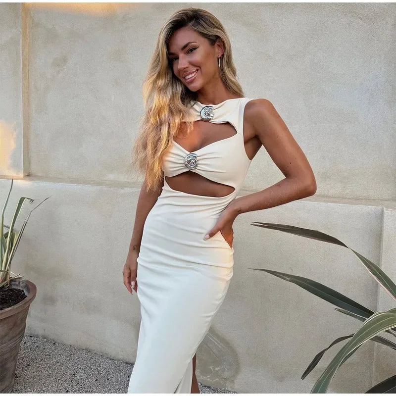 Fashion Hollow Out Strapless Long Dress For Women Elegant  Sleeveless Slim Bodycon Evening Party Dress Female Club Chic Vestidos